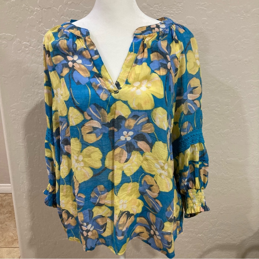 Hope and Harlow Blue Yellow  Floral V-Neck Peasant Top Size 1X